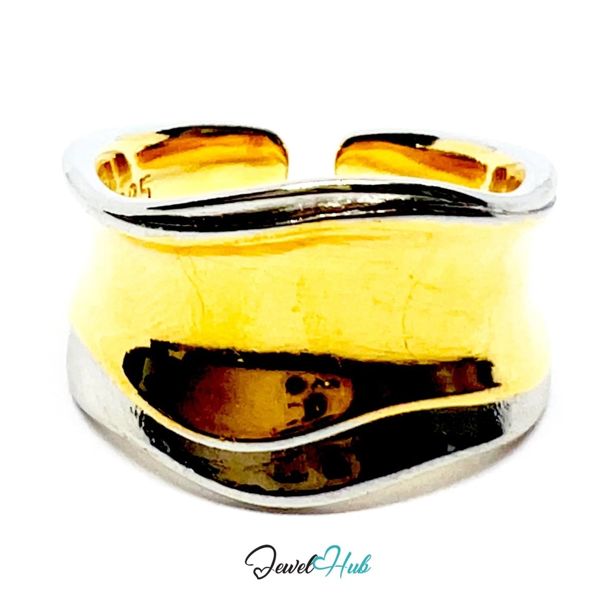 Adjustable Gold - Toned Silver Ring | Hallmarked 925 Sterling | Golden Silvery Wavy Band for N–P Sizes - JewelHub.co.uk