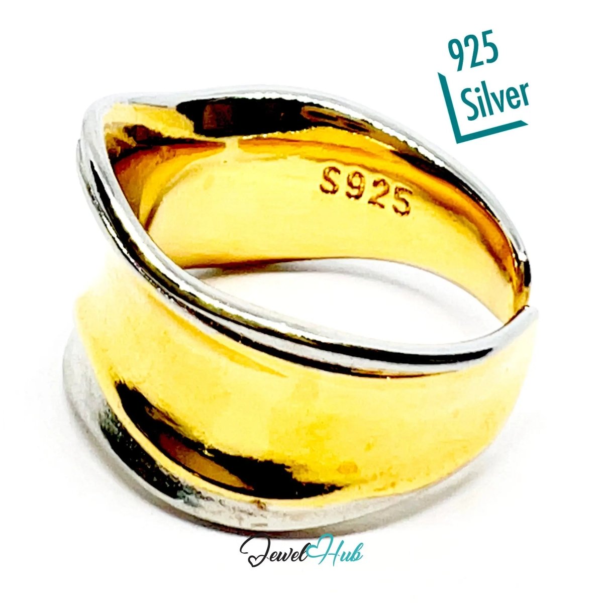 Adjustable Gold - Toned Silver Ring | Hallmarked 925 Sterling | Golden Silvery Wavy Band for N–P Sizes - JewelHub.co.uk