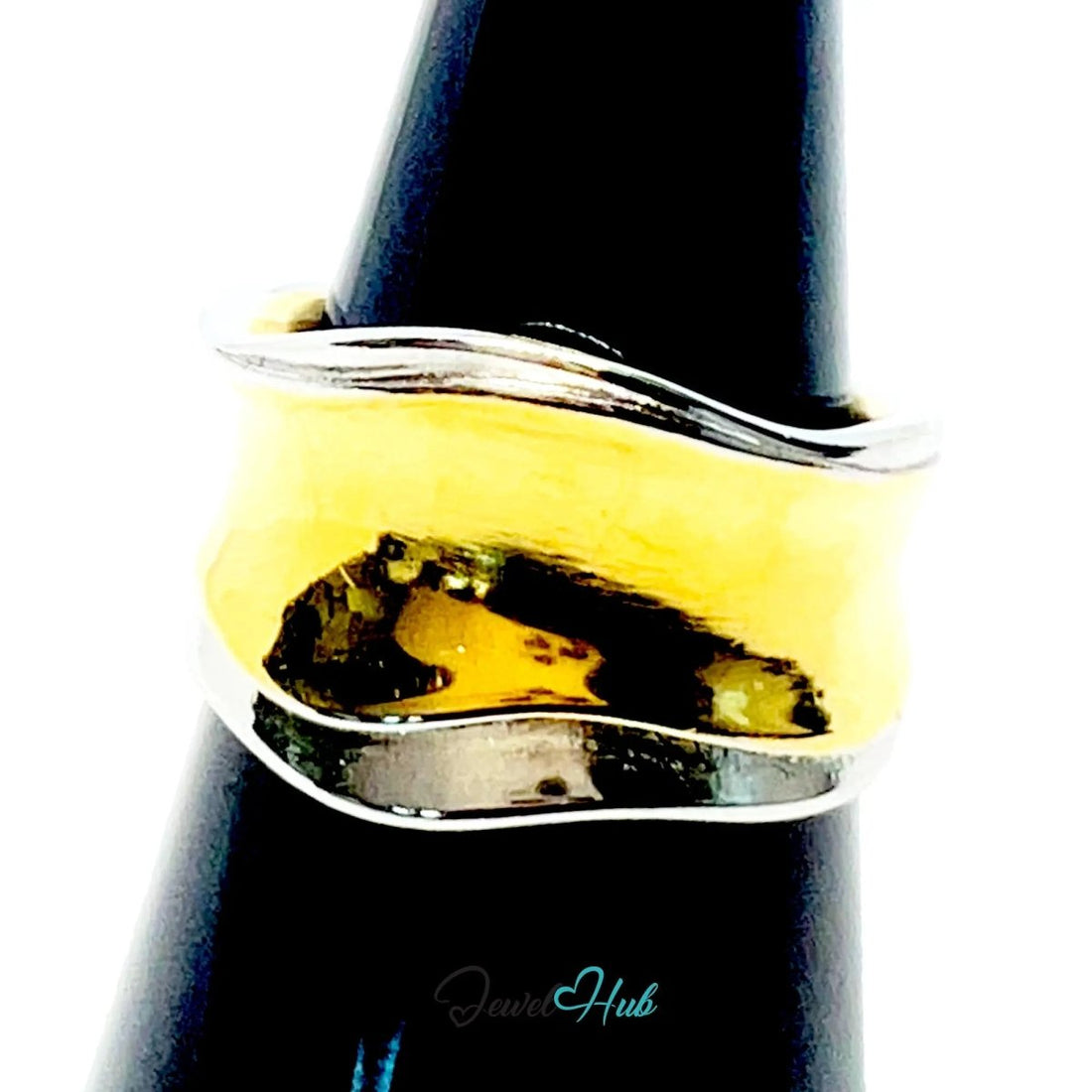 Adjustable Gold - Toned Silver Ring | Hallmarked 925 Sterling | Golden Silvery Wavy Band for N–P Sizes - JewelHub.co.uk