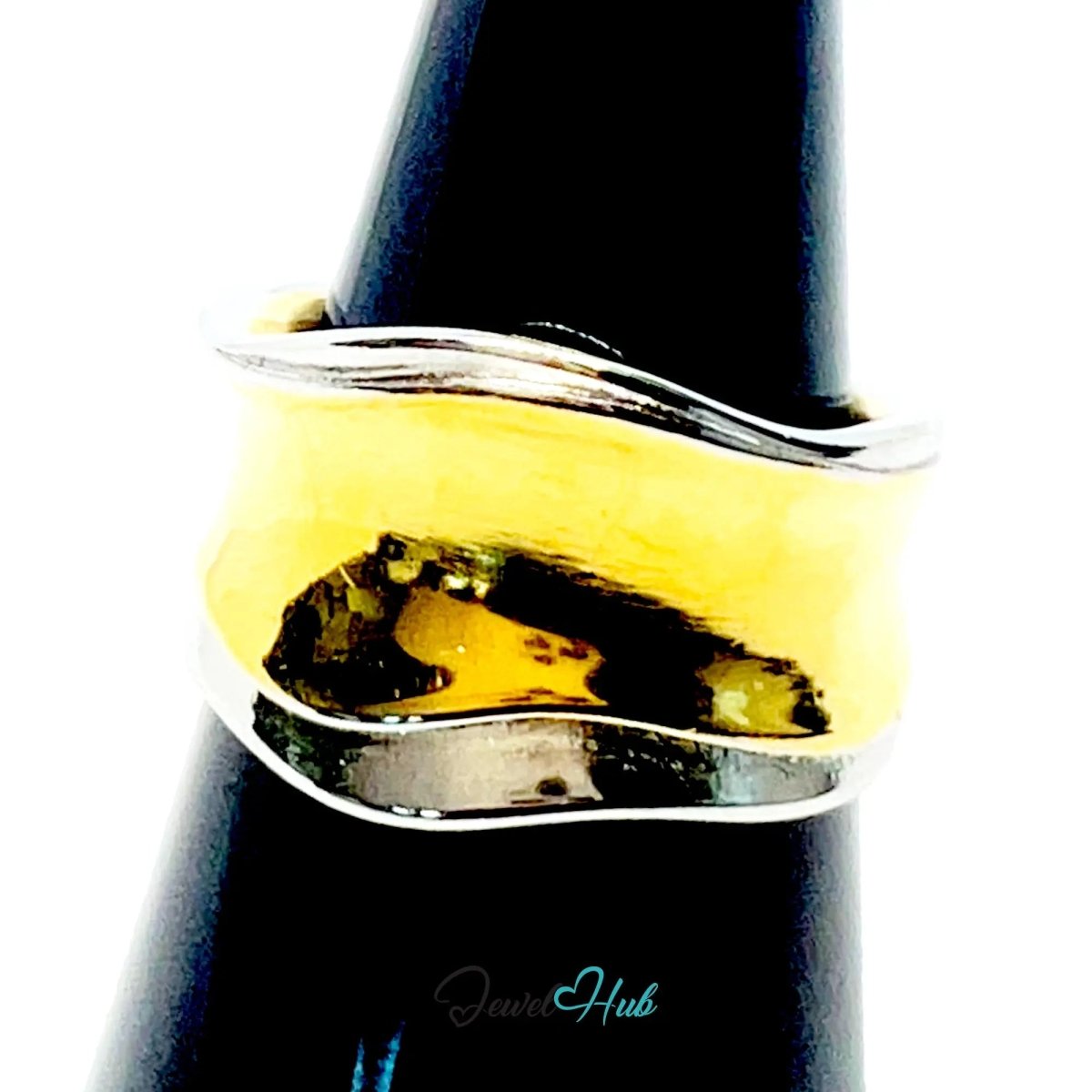 Adjustable Gold - Toned Silver Ring | Hallmarked 925 Sterling | Golden Silvery Wavy Band for N–P Sizes - JewelHub.co.uk