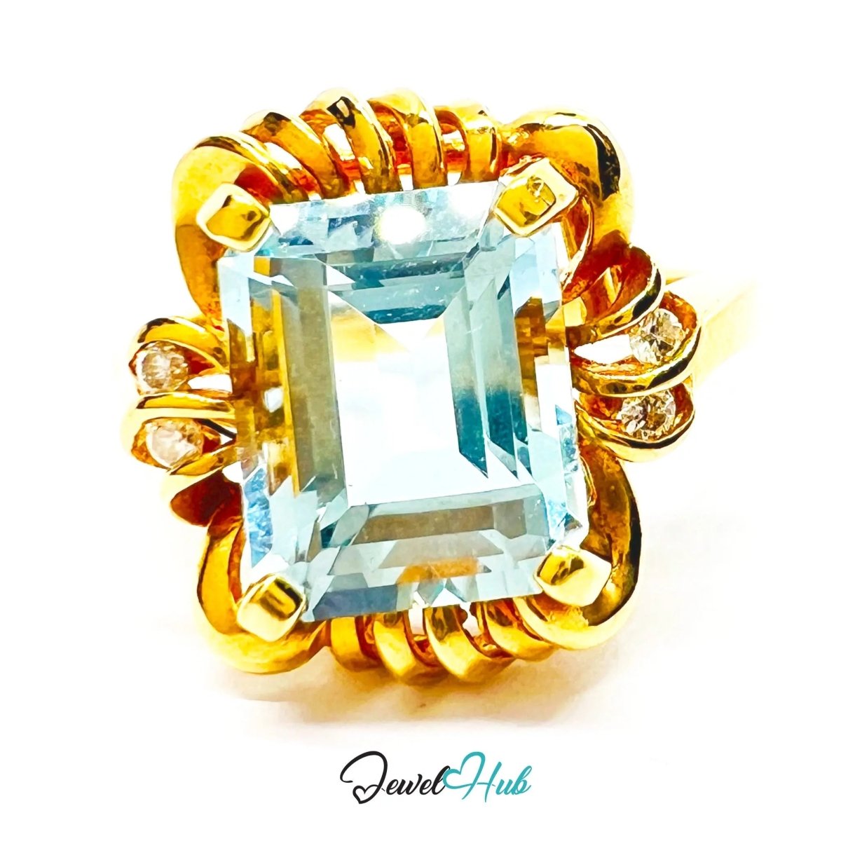 Aquamarine & Diamond Ring in 14K Gold (Hallmarked) 5.2ct Aquamarine · UK M · US 6.5 · Sculpted Loop Setting - JewelHub.co.uk