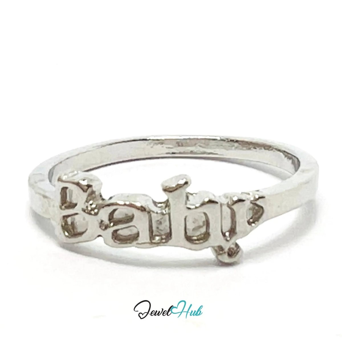 “Baby” Script Ring 🍼 Zinc Alloy · UK O · US 7.5 · Stylised Word Motif · Silver - Tone Finish - JewelHub.co.uk
