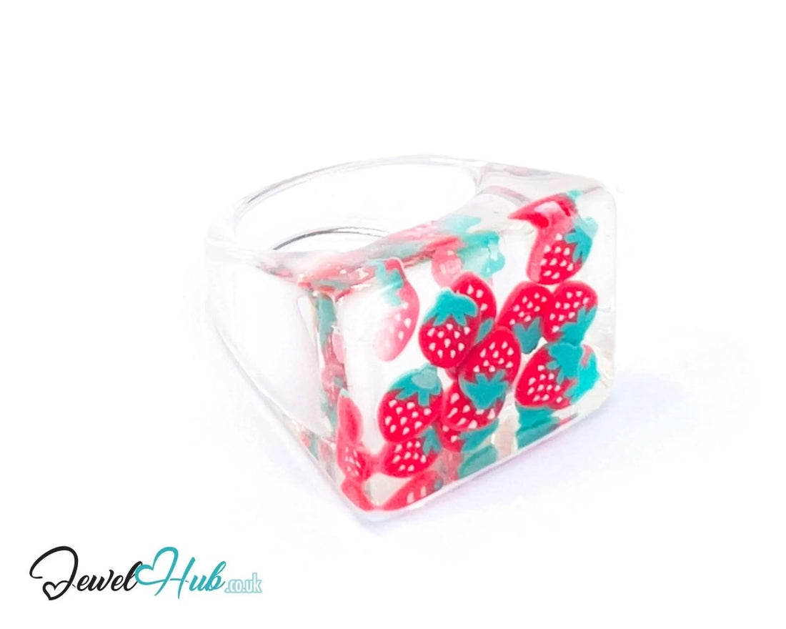 Big Screen Strawberry 🍓 Resin Ring – US P · US 8 · Giant Series · Sculptural · Handcrafted - JewelHub.co.uk