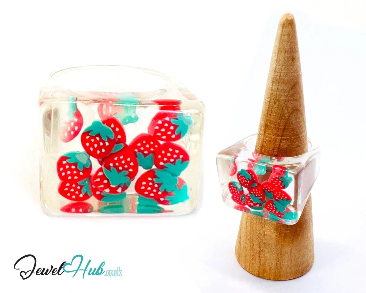 Big Screen Strawberry 🍓 Resin Ring – US P · US 8 · Giant Series · Sculptural · Handcrafted - JewelHub.co.uk