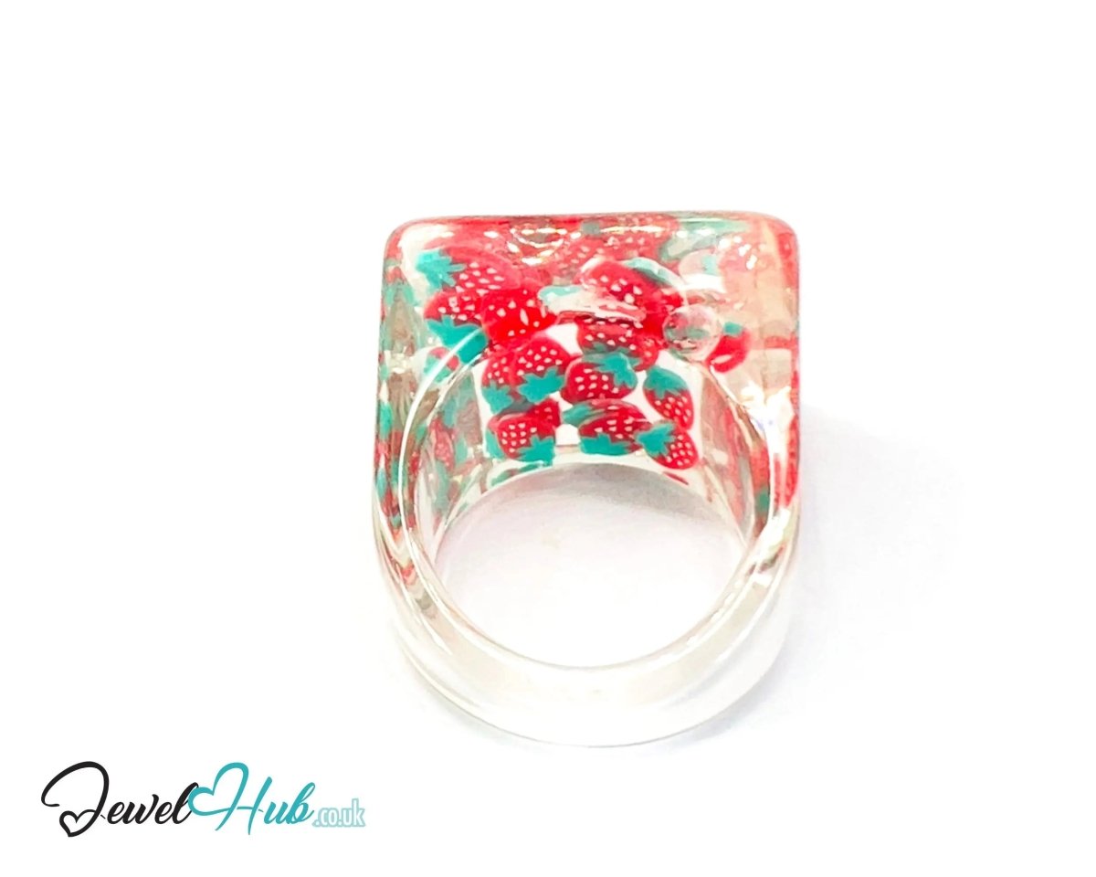 Big Screen Strawberry 🍓 Resin Ring – US P · US 8 · Giant Series · Sculptural · Handcrafted - JewelHub.co.uk