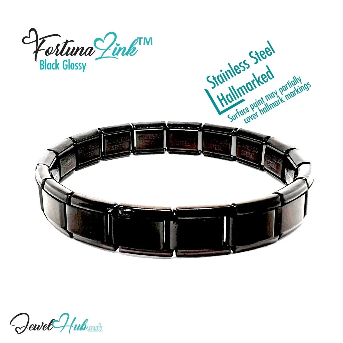 Black Glossy Italian bracelet by the FortunaLink™ Tile Collection (18 links) - JewelHub.co.uk