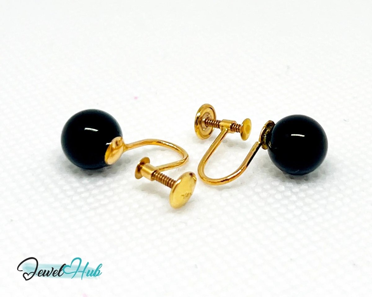 Black Onyx Stud Earrings (Clip - On) in 14k Gold - Elegance Without Piercing - JewelHub.co.uk