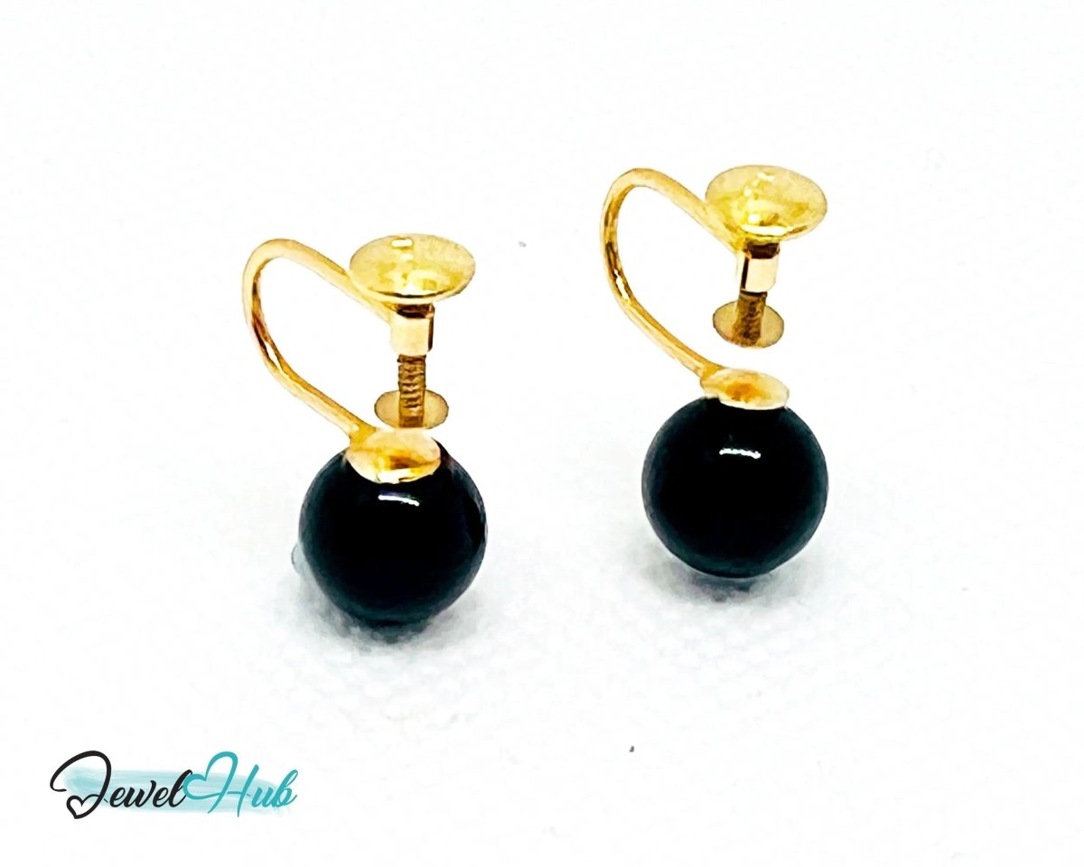 Black Onyx Stud Earrings (Clip - On) in 14k Gold - Elegance Without Piercing - JewelHub.co.uk