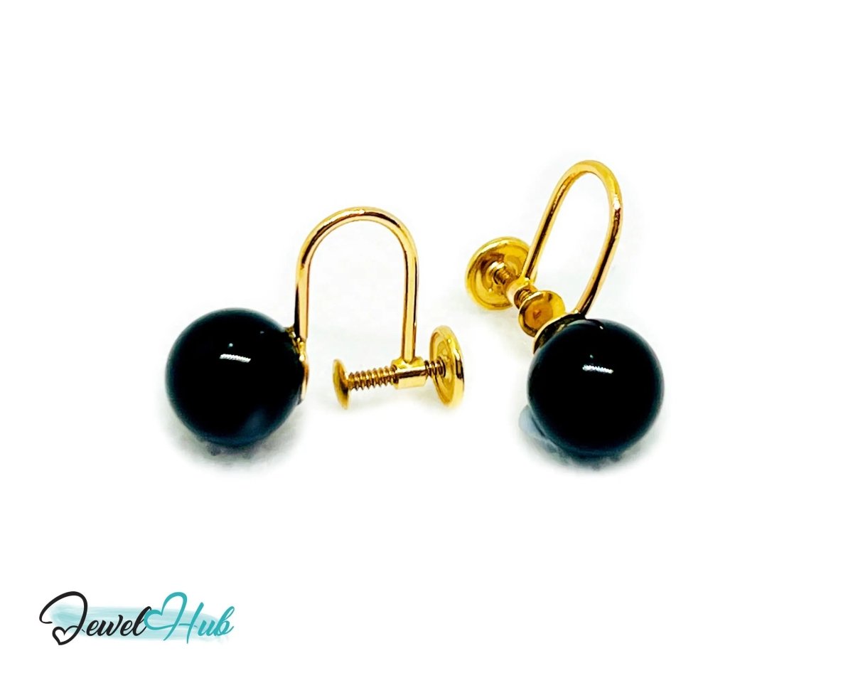 Black Onyx Stud Earrings (Clip - On) in 14k Gold - Elegance Without Piercing - JewelHub.co.uk