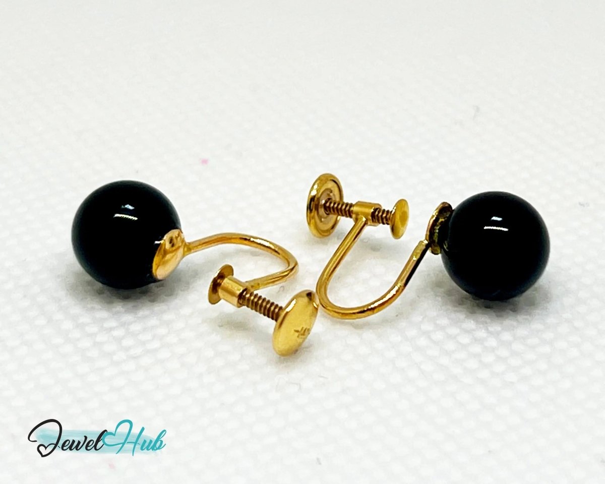 Black Onyx Stud Earrings (Clip - On) in 14k Gold - Elegance Without Piercing - JewelHub.co.uk