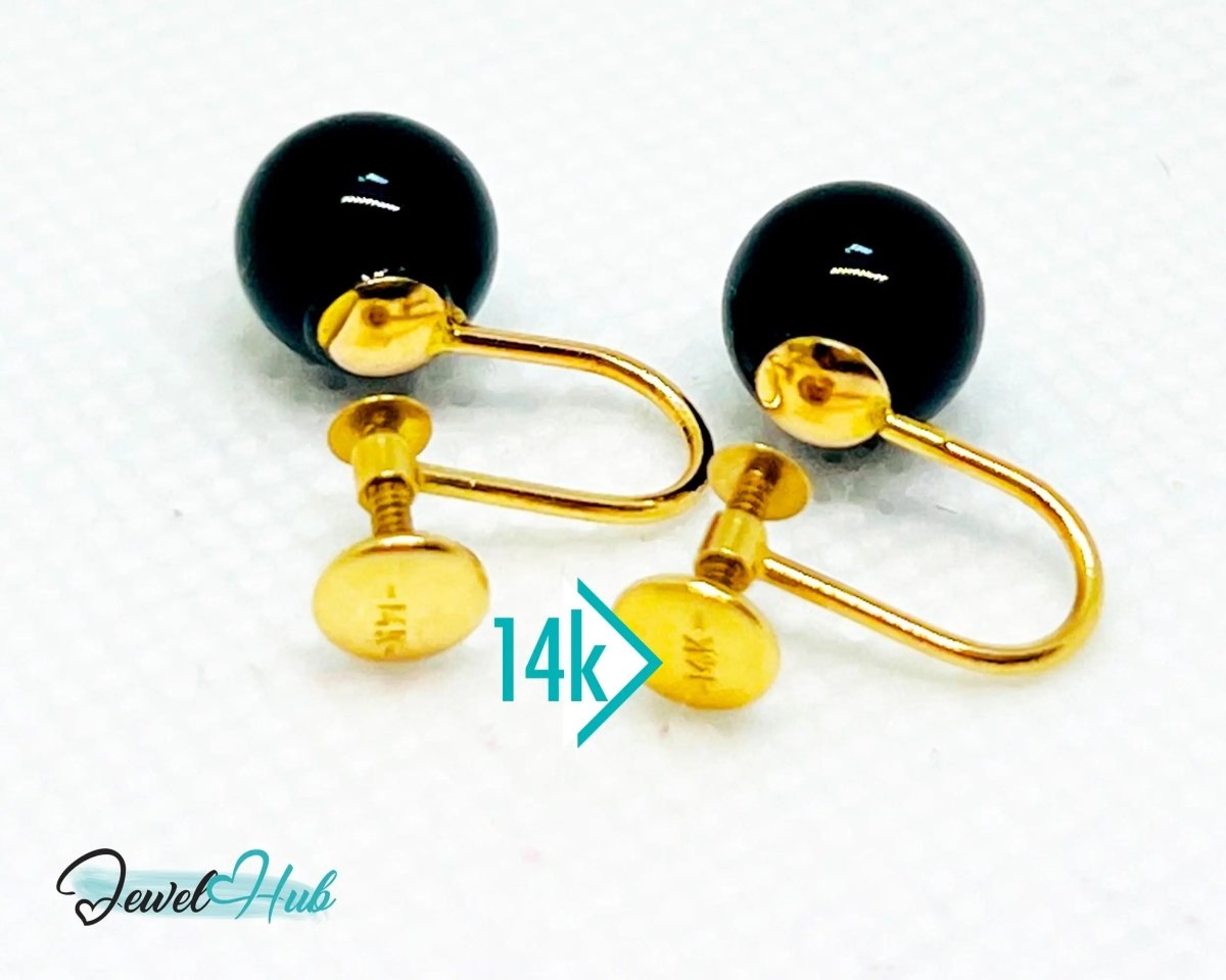 Black Onyx Stud Earrings (Clip - On) in 14k Gold - Elegance Without Piercing - JewelHub.co.uk