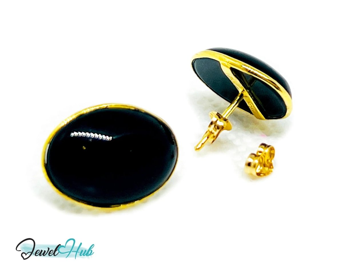 Black Onyx Stud Earrings in 14k Gold (585) | Vintage 1998 | Elegant Minimalism - JewelHub.co.uk