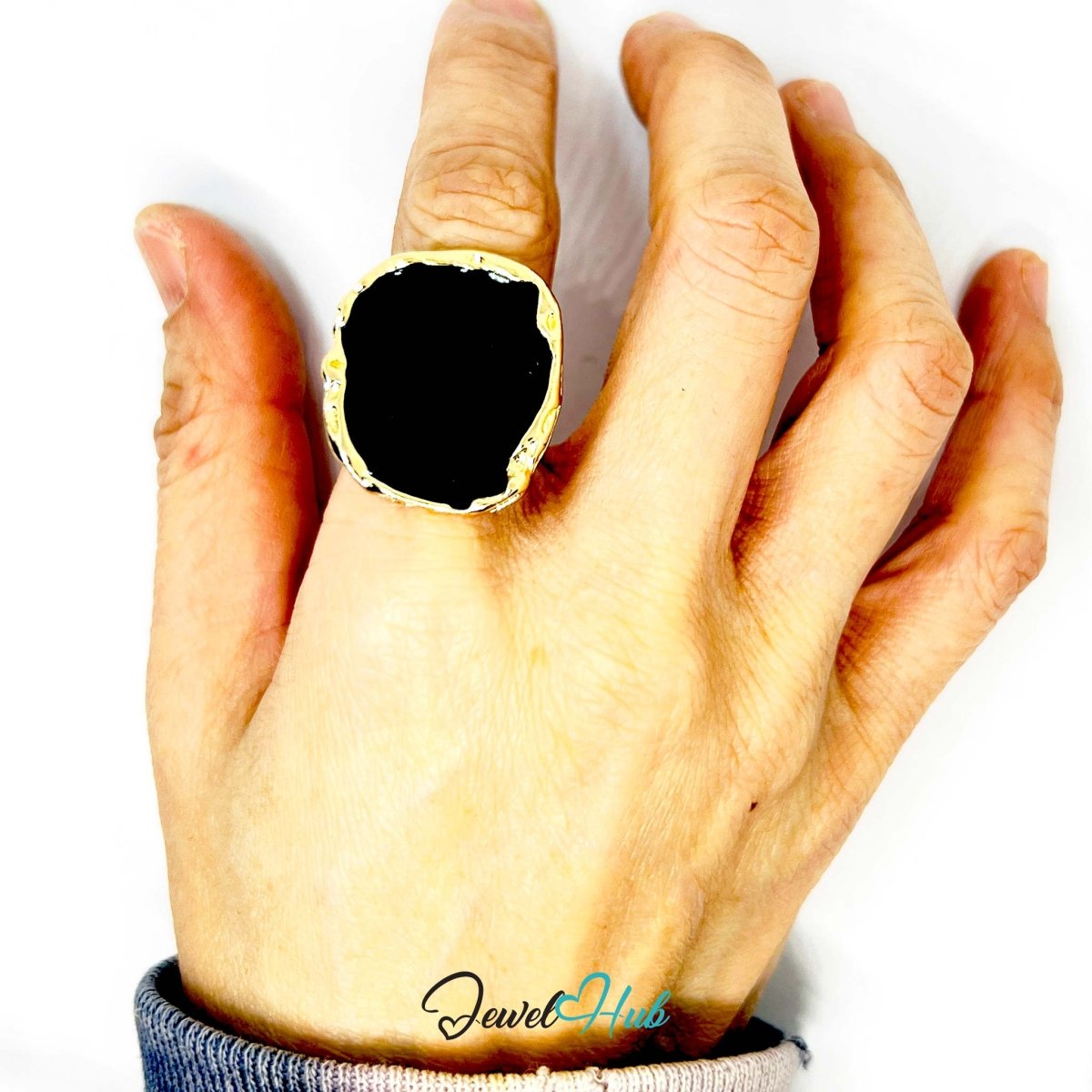 Black Resin Opal Gold Ring – Statement Gemstone Sculptural Frame - JewelHub.co.uk