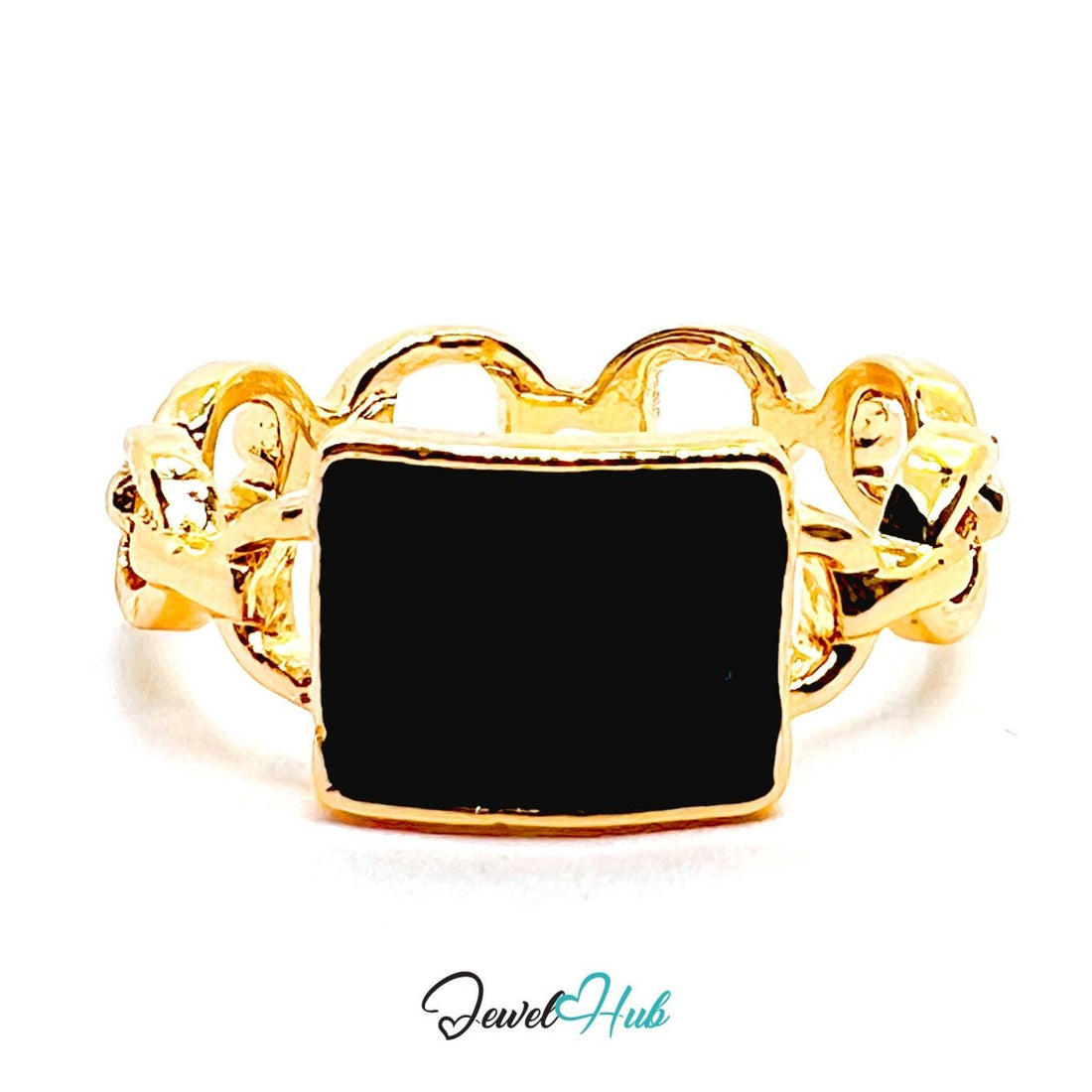 Black Signet Chain Gold Ring – Rectangle Statement Ornate Band - JewelHub.co.uk