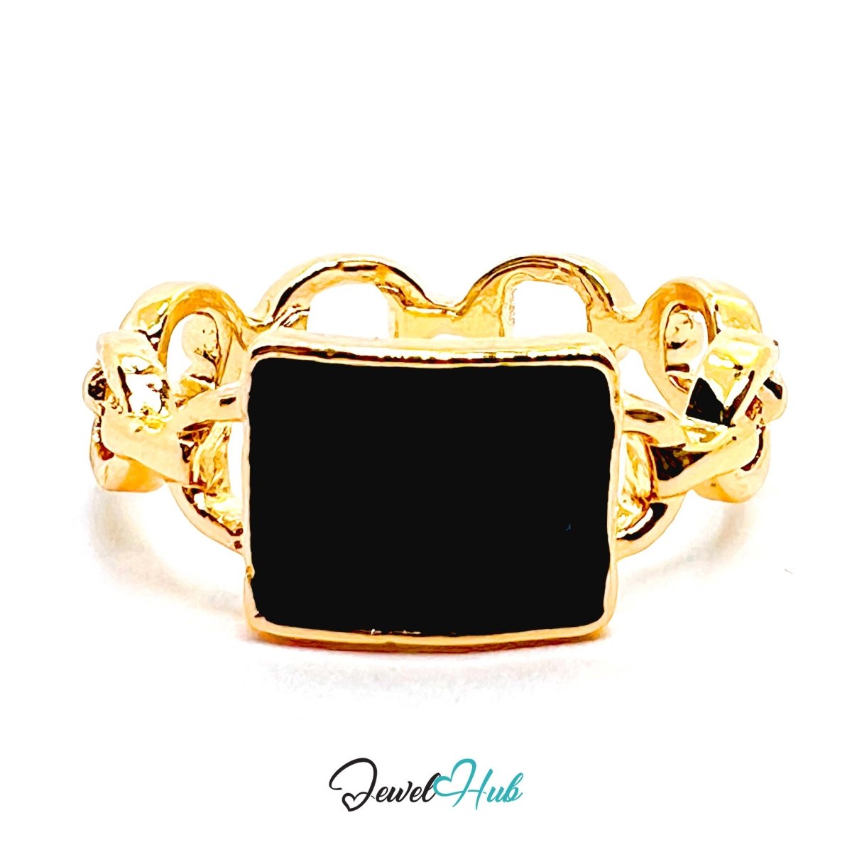 Black Signet Chain Gold Ring – Rectangle Statement Ornate Band - JewelHub.co.uk