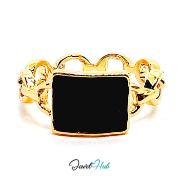 Black Signet Chain Gold Ring – Rectangle Statement Ornate Band - JewelHub.co.uk