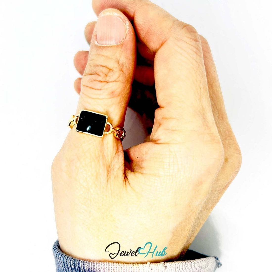 Black Signet Chain Gold Ring – Rectangle Statement Ornate Band - JewelHub.co.uk