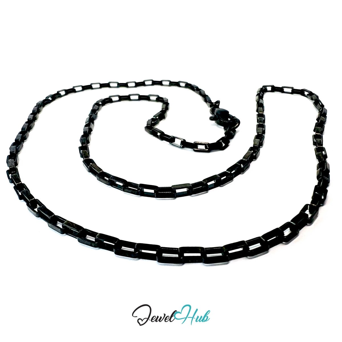 Black Stainless Steel Rectangular Box Chain Necklace 2×3.5mm | 45cm or 60cm - JewelHub.co.uk