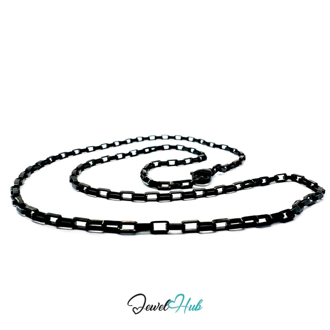 Black Stainless Steel Rectangular Box Chain Necklace 2×3.5mm | 45cm or 60cm - JewelHub.co.uk