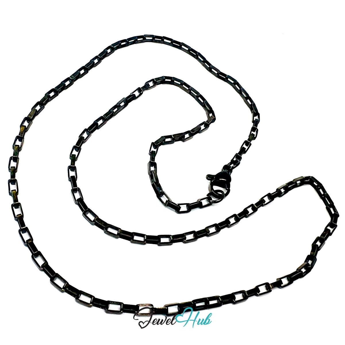 Black Stainless Steel Rectangular Box Chain Necklace 2×3.5mm | 45cm or 60cm - JewelHub.co.uk