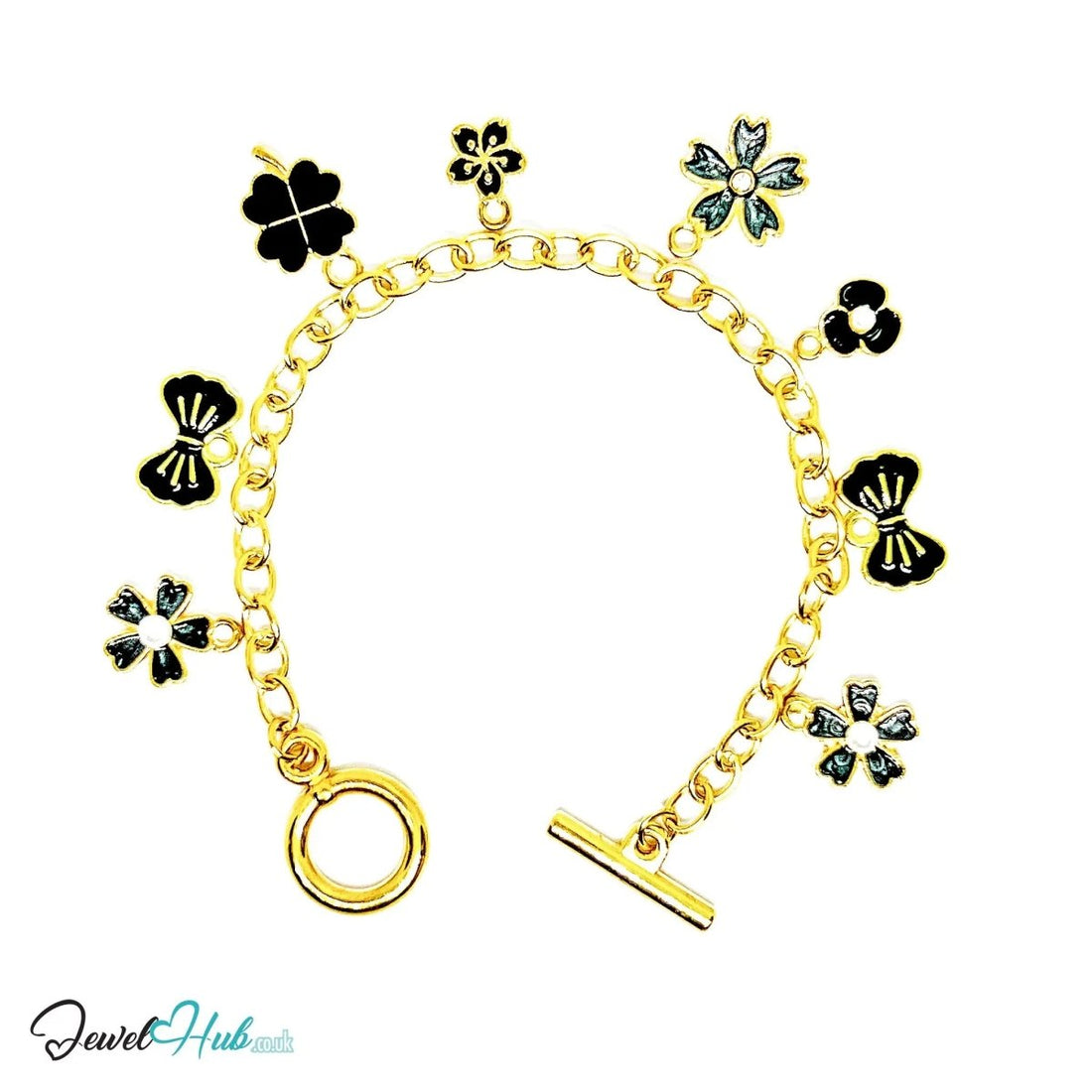 Bloom & Grace Charm Bracelet · Gold - Tone Plated · Glossy Black Floral Motifs · 19cm - JewelHub.co.uk
