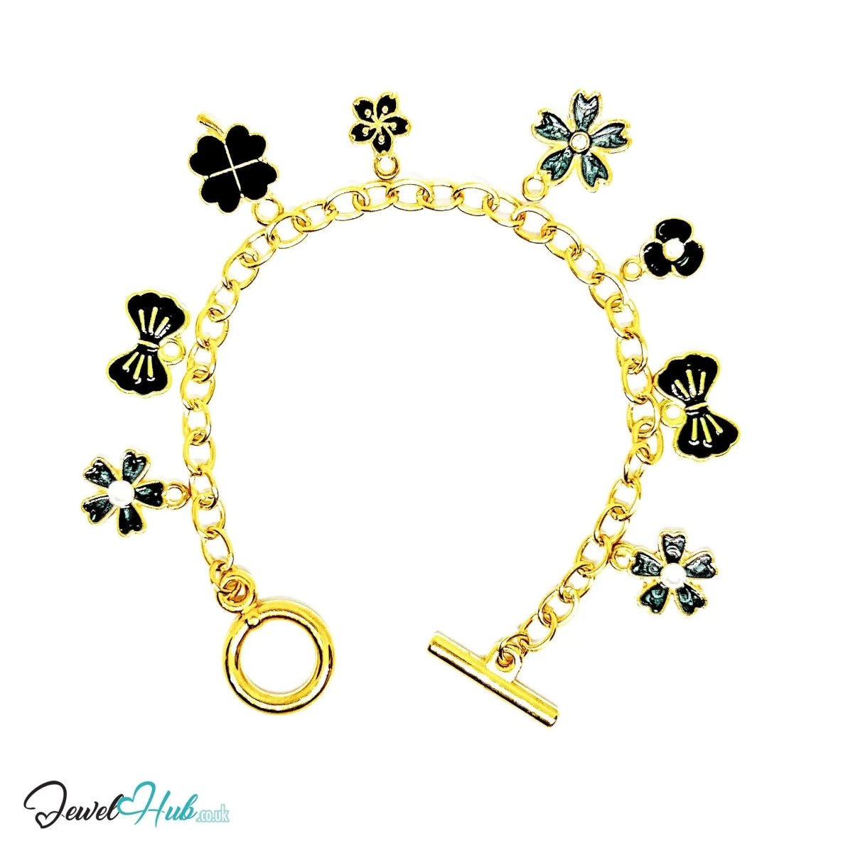 Bloom & Grace Charm Bracelet · Gold - Tone Plated · Glossy Black Floral Motifs · 19cm - JewelHub.co.uk