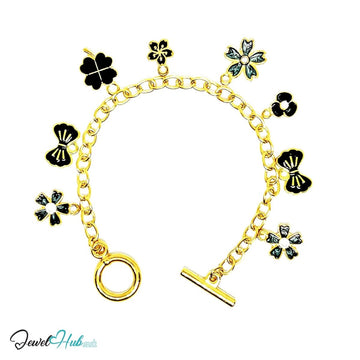 Bloom & Grace Charm Bracelet · Gold - Tone Plated · Glossy Black Floral Motifs · 19cm - JewelHub.co.uk