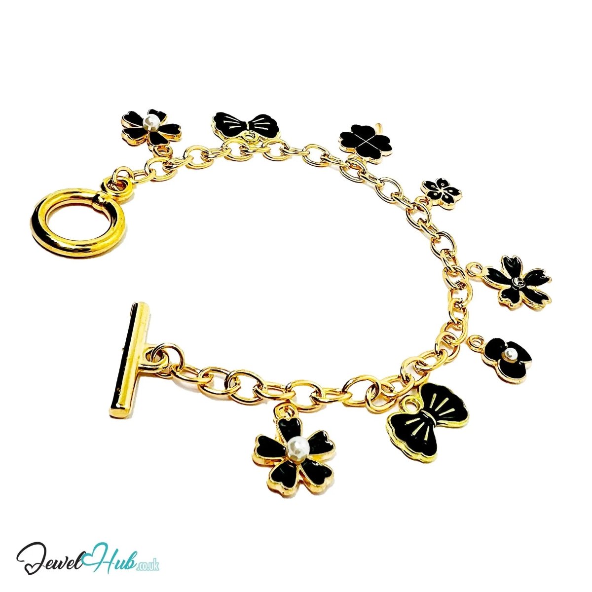 Bloom & Grace Charm Bracelet · Gold - Tone Plated · Glossy Black Floral Motifs · 19cm - JewelHub.co.uk