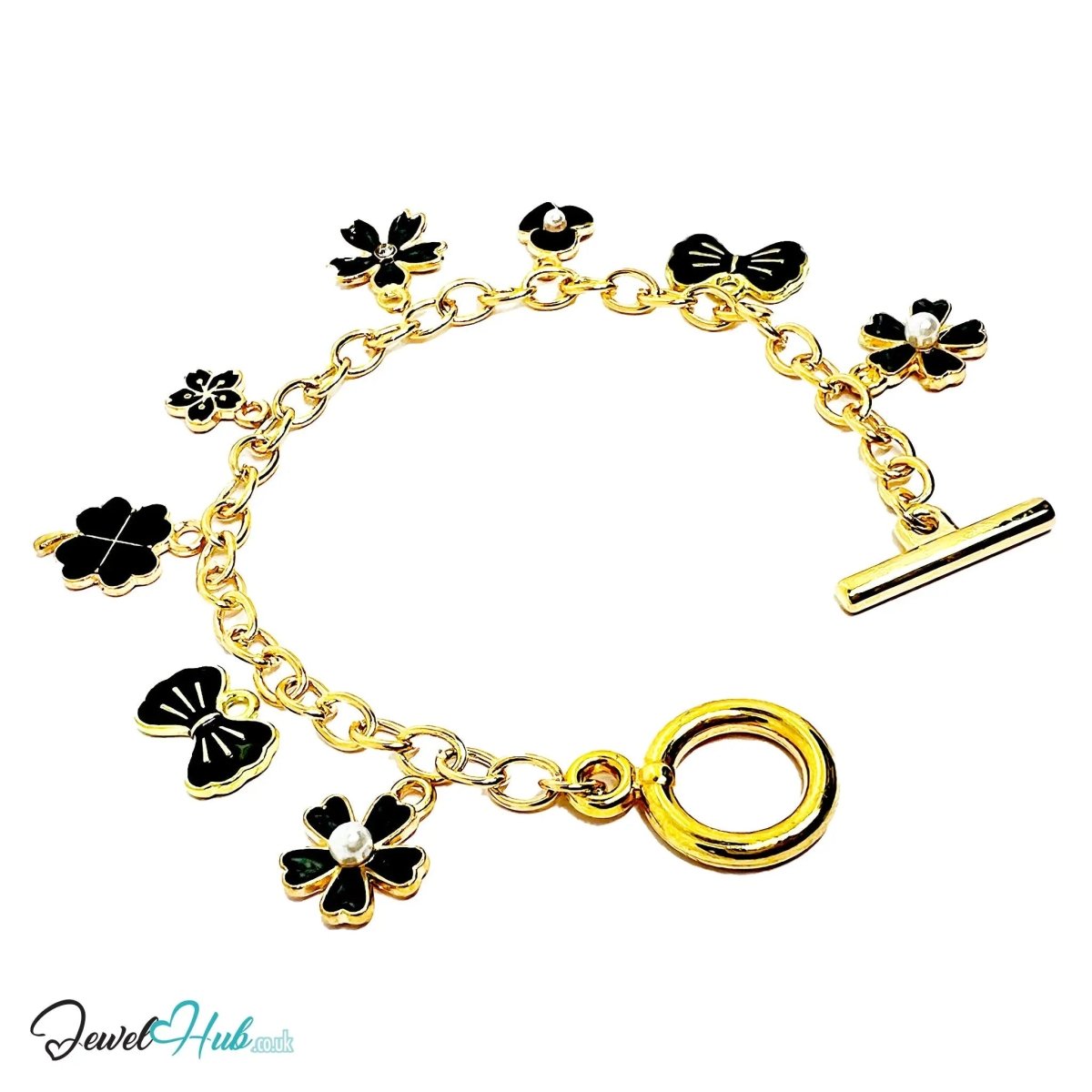 Bloom & Grace Charm Bracelet · Gold - Tone Plated · Glossy Black Floral Motifs · 19cm - JewelHub.co.uk