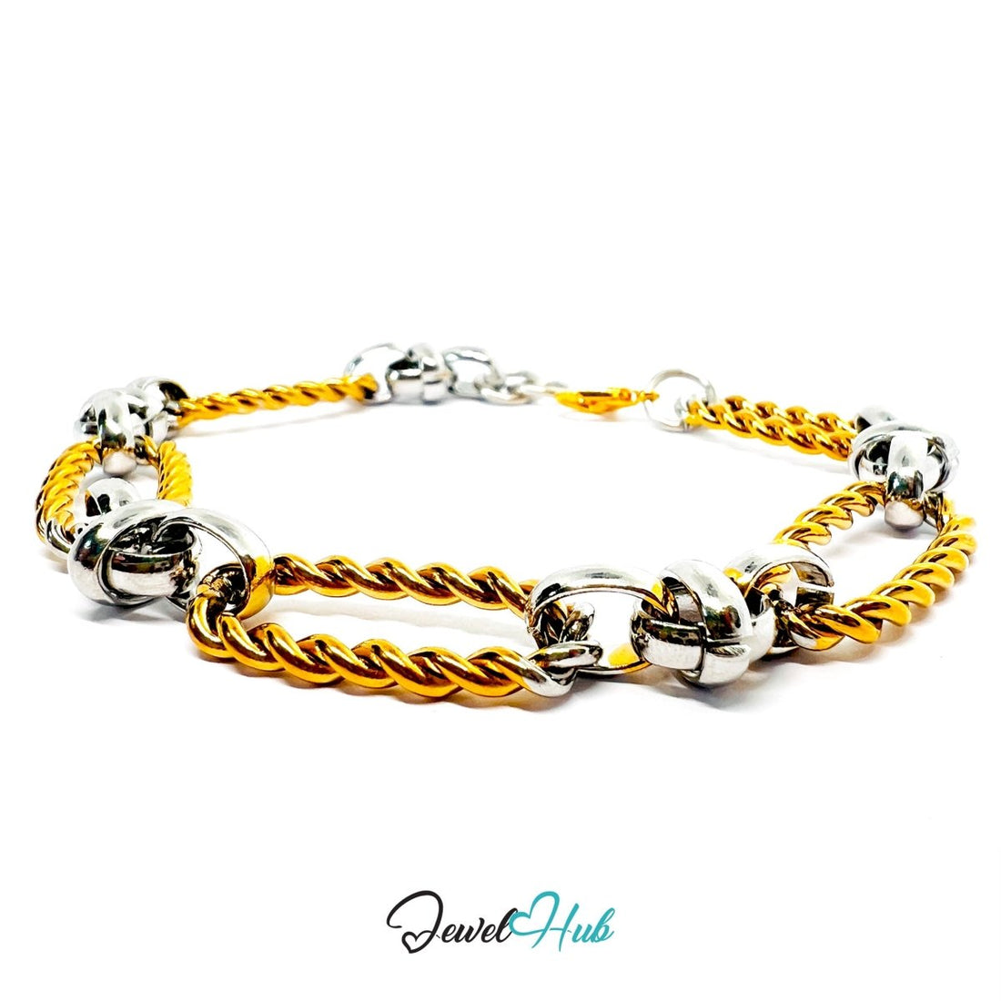 Bold DuoTone Stainless Steel Twisted Link Knot Bracelet in Gold & Silver - JewelHub.co.uk
