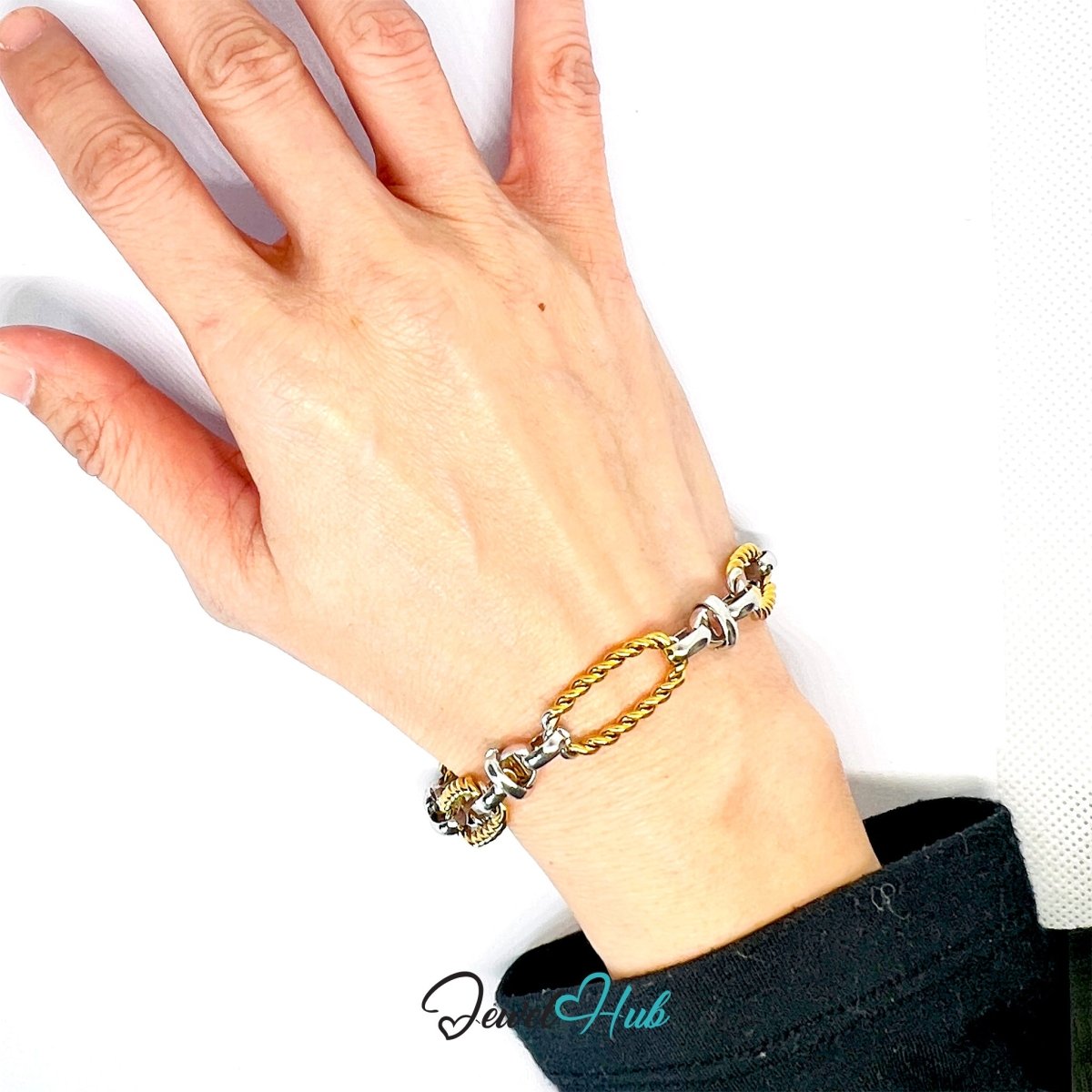 Bold DuoTone Stainless Steel Twisted Link Knot Bracelet in Gold & Silver - JewelHub.co.uk