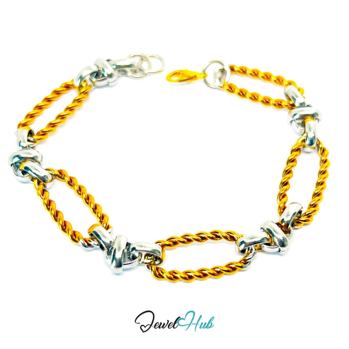 Bold DuoTone Stainless Steel Twisted Link Knot Bracelet in Gold & Silver - JewelHub.co.uk