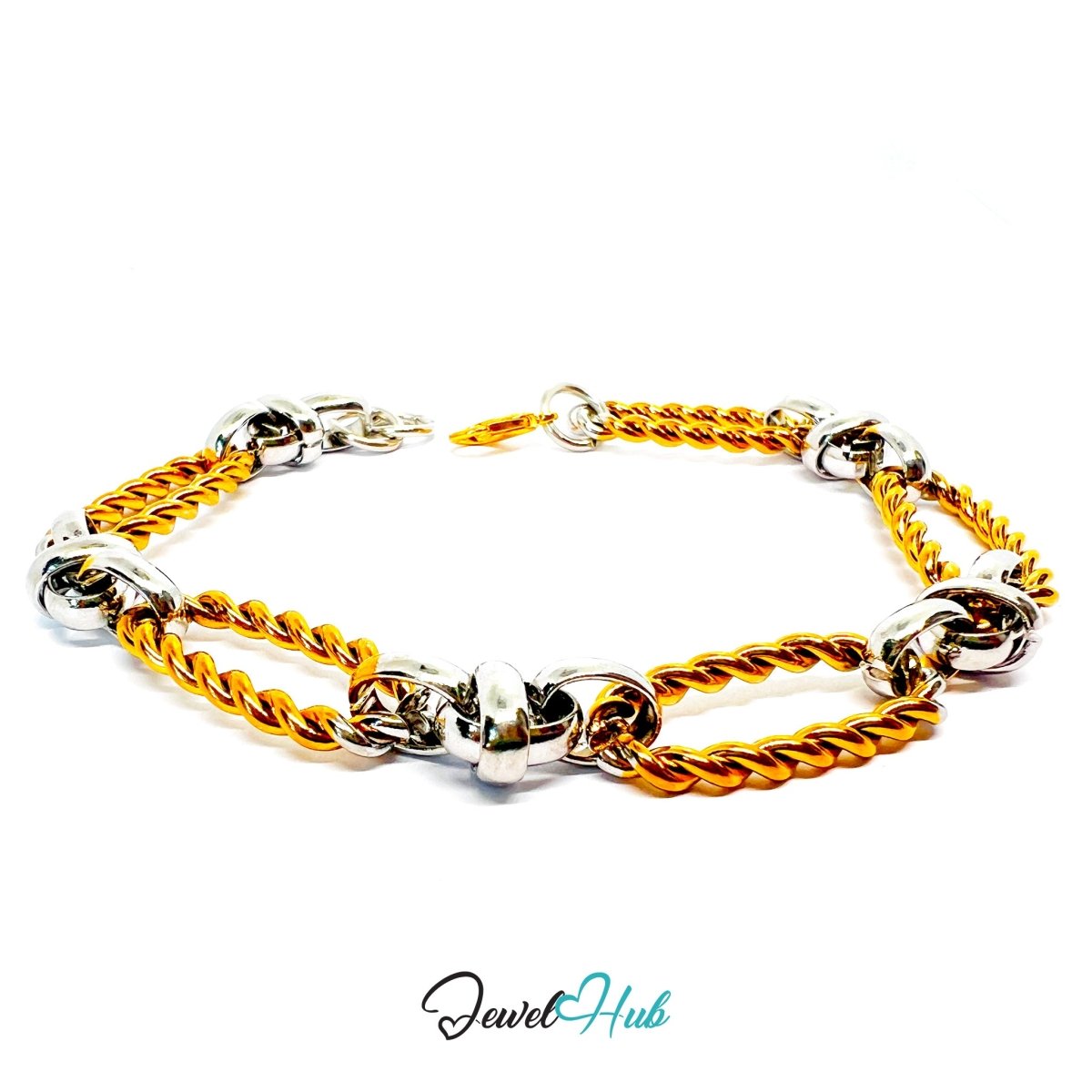 Bold DuoTone Stainless Steel Twisted Link Knot Bracelet in Gold & Silver - JewelHub.co.uk