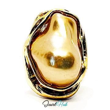 Brown Pearl Ring – Adjustable Gold - Plated M–P with Sculptural Setting for Earthy Elegance - JewelHub.co.uk