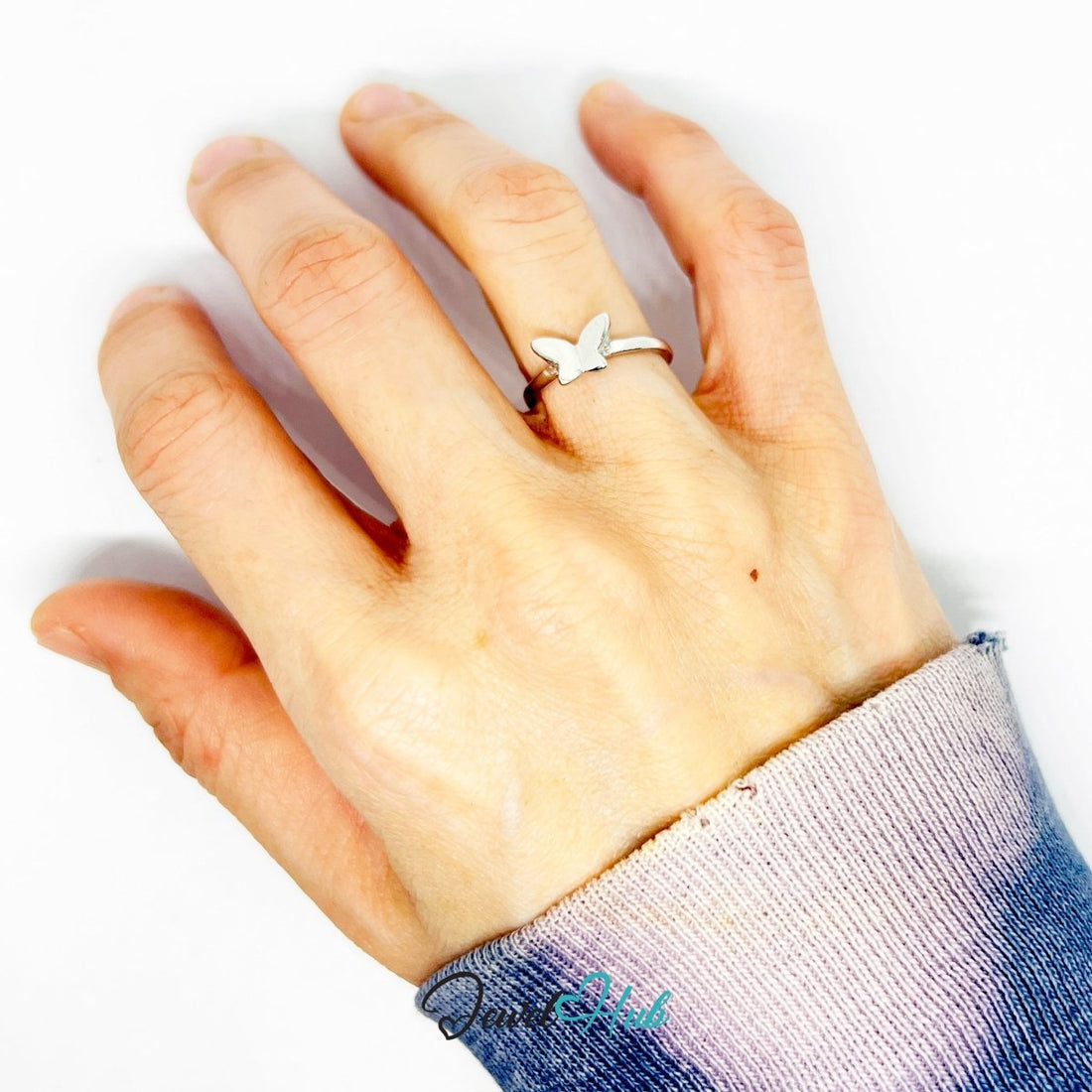 Butterfly Accent Ring | Silver‑Tone Zinc Alloy Petite Band - JewelHub.co.uk