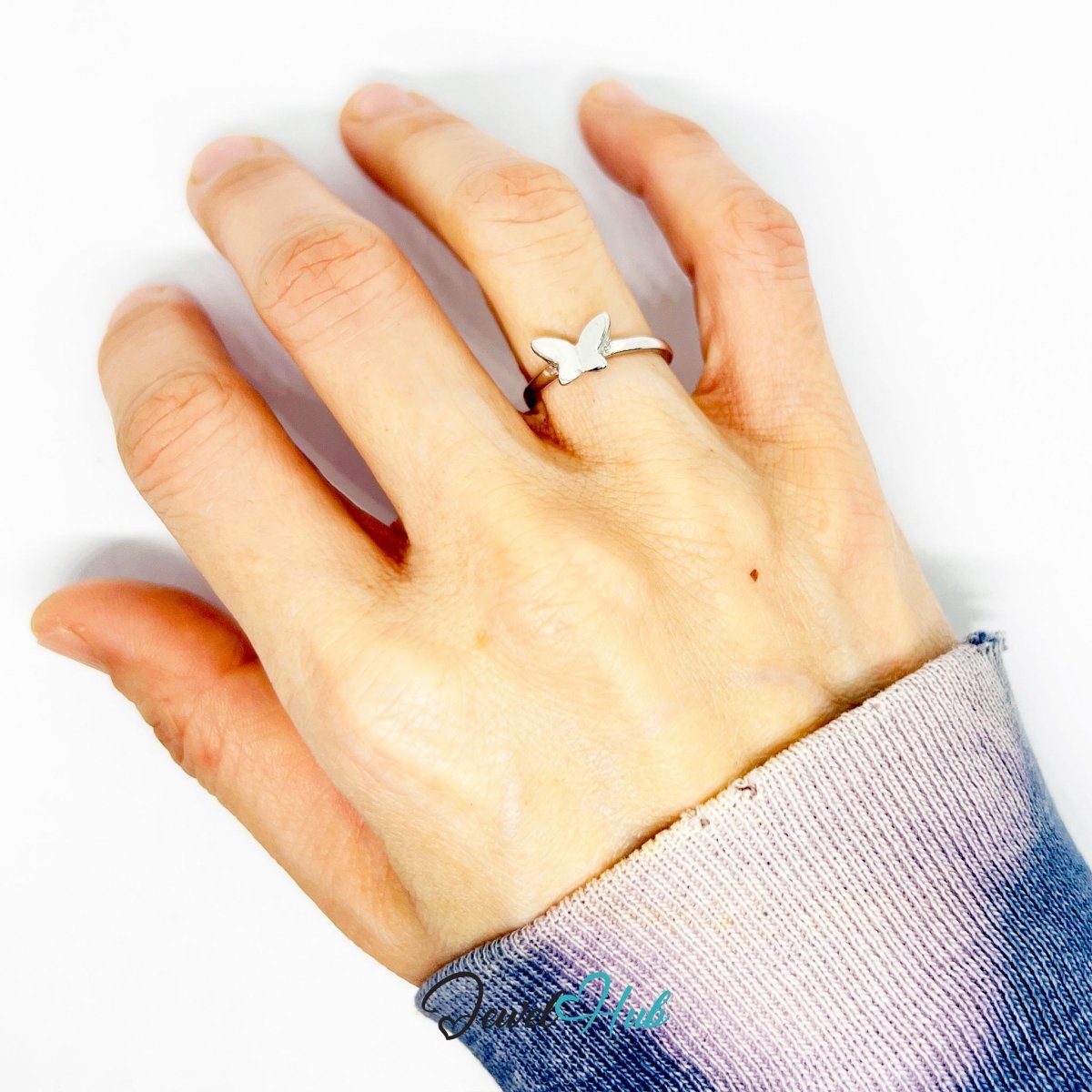 Butterfly Accent Ring | Silver‑Tone Zinc Alloy Petite Band - JewelHub.co.uk