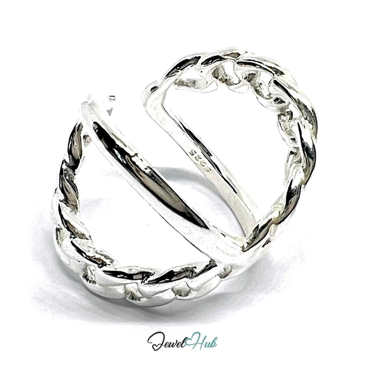 Chain - Link Sterling Silver Ring | Adjustable 925 Hallmarked Band with Sculptural Texture - JewelHub.co.uk