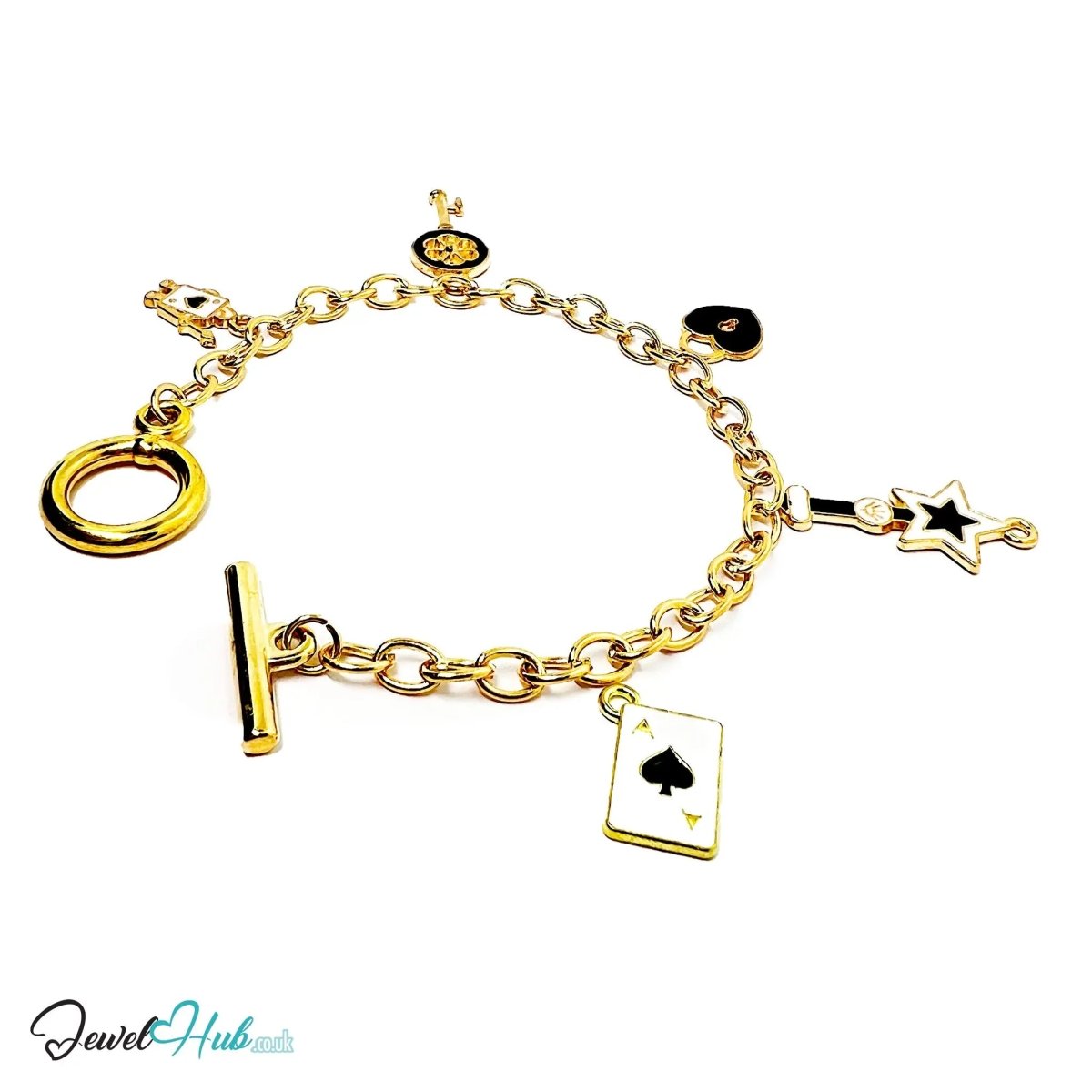 Charm Fortune Teller Bracelet · Gold - Tone Plated · Spade, Star & Key Motifs · Symbolic Shapes · 19cm - JewelHub.co.uk