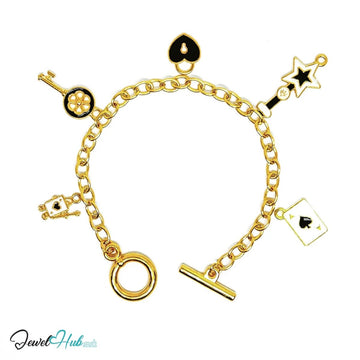 Charm Fortune Teller Bracelet · Gold - Tone Plated · Spade, Star & Key Motifs · Symbolic Shapes · 19cm - JewelHub.co.uk
