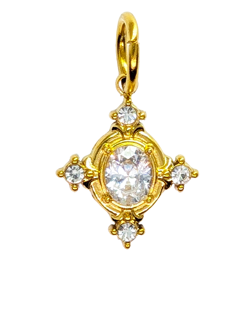 Four-point star charm in gold stainless steel with an oval crystal centre and a crystal at each point - JewelHub