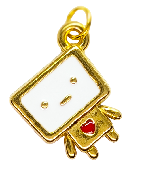 TV robot charm in gold stainless steel with a white enamel face and red heart - JewelHub