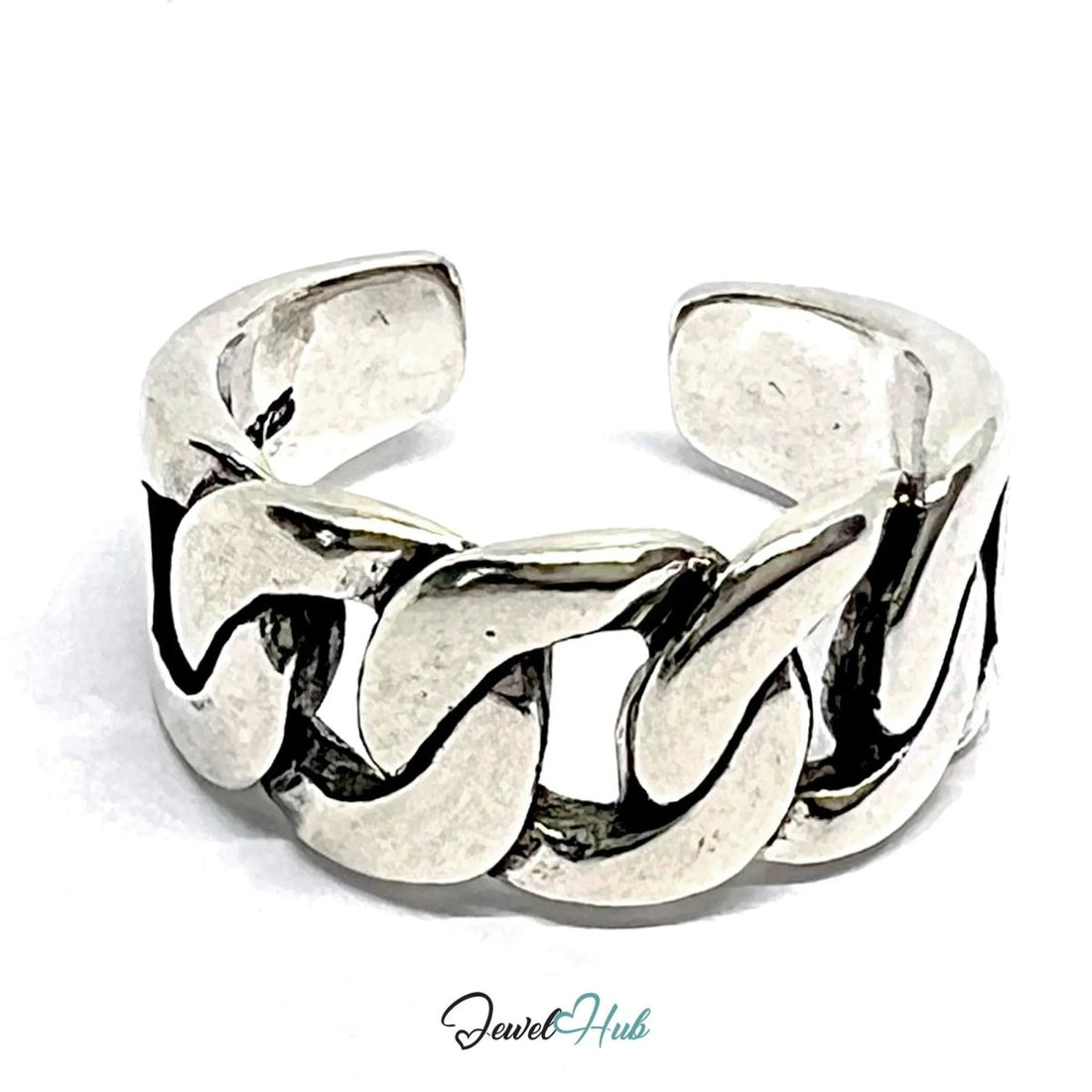 Chunky Chain Silver Ring | Adjustable 925 Sterling Band with Bold Link Design - JewelHub.co.uk