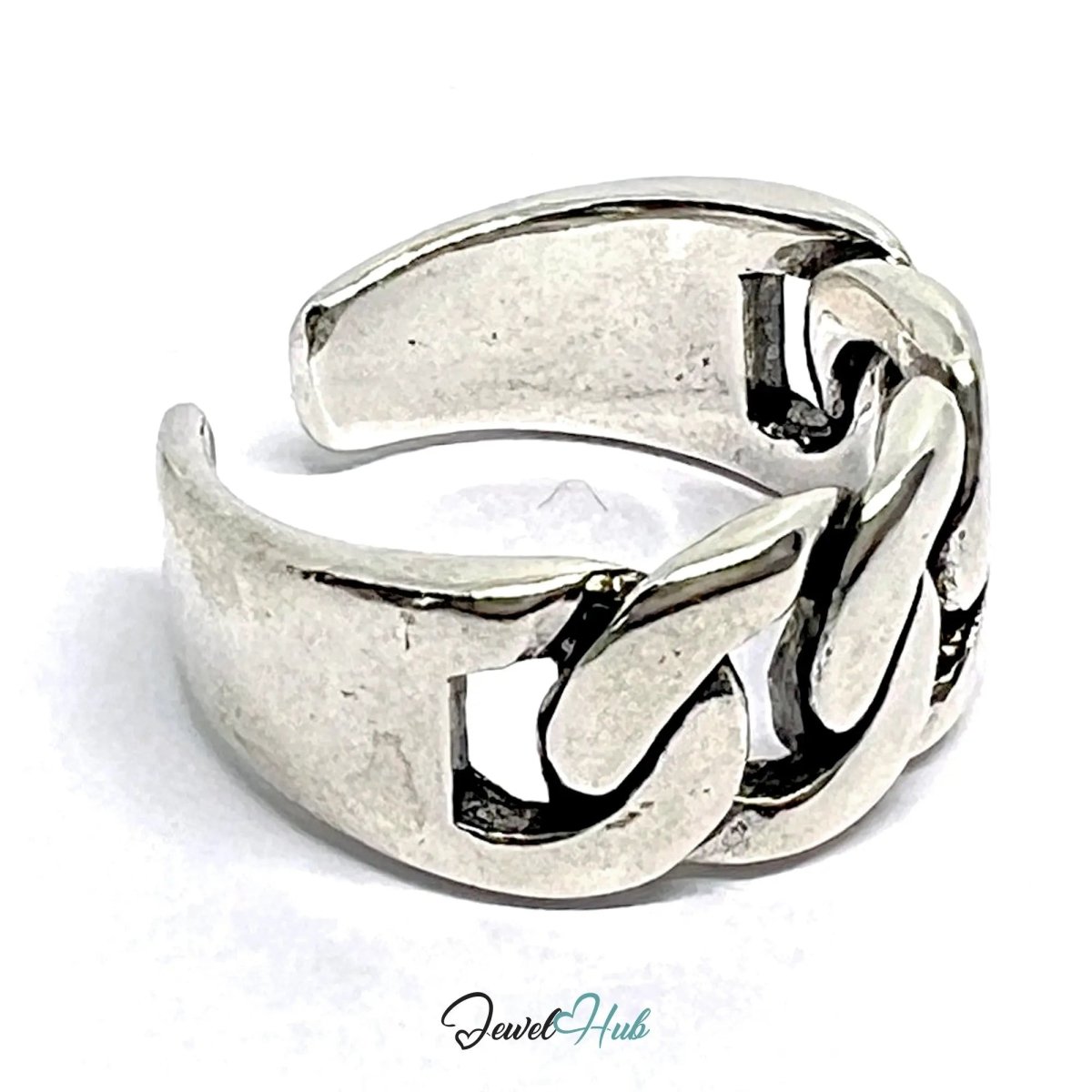 Chunky Chain Silver Ring | Adjustable 925 Sterling Band with Bold Link Design - JewelHub.co.uk