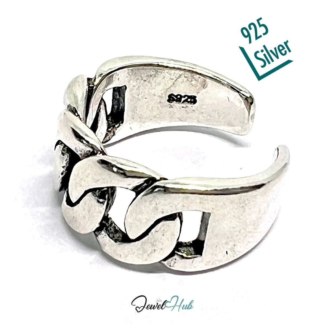 Chunky Chain Silver Ring | Adjustable 925 Sterling Band with Bold Link Design - JewelHub.co.uk