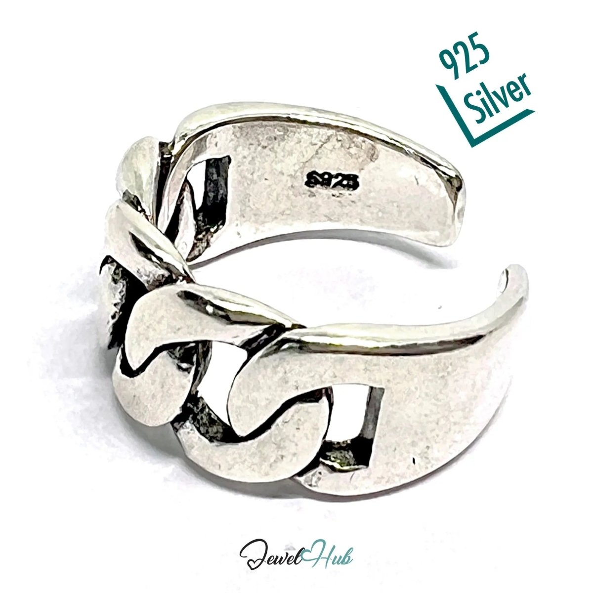 Chunky Chain Silver Ring | Adjustable 925 Sterling Band with Bold Link Design - JewelHub.co.uk