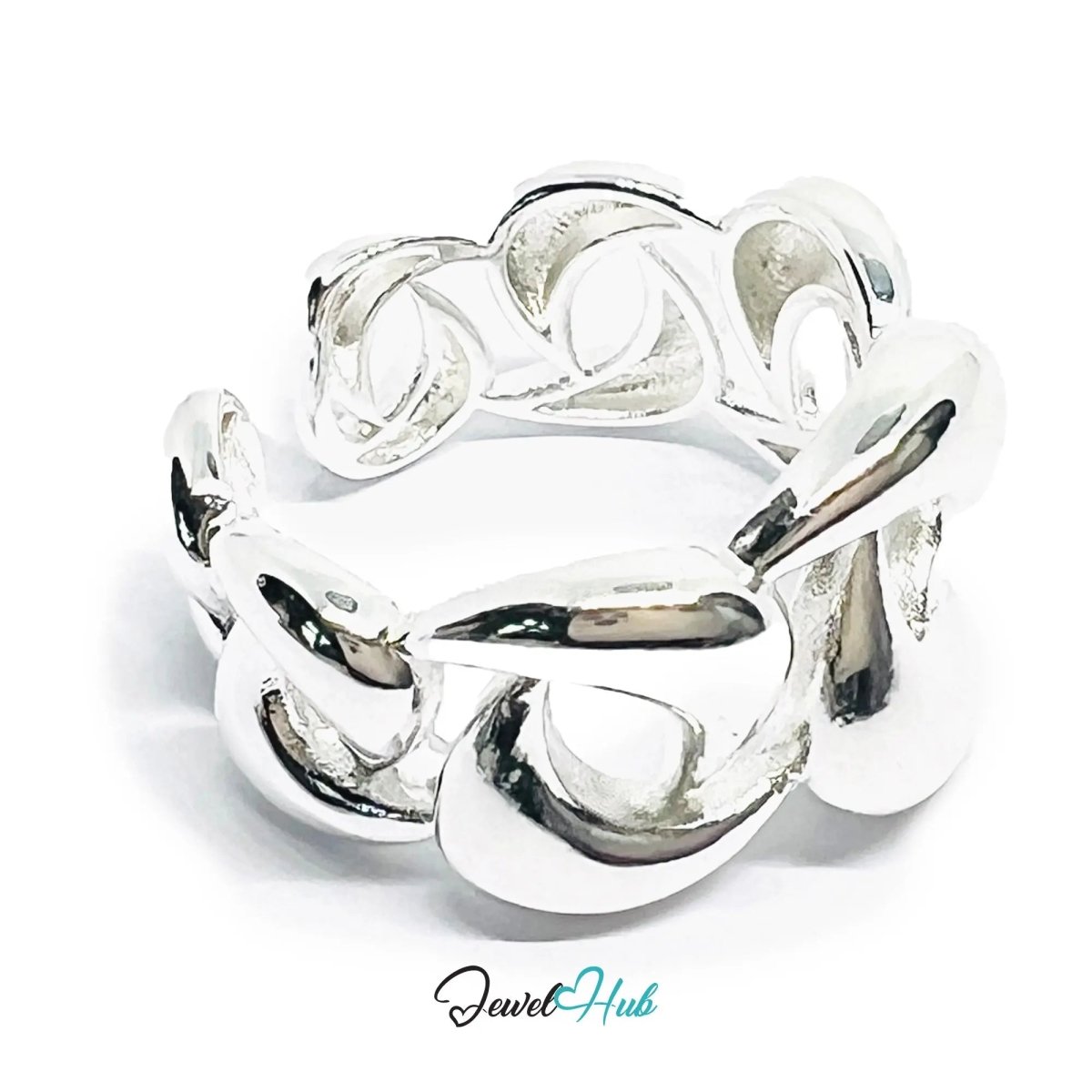 Chunky Chain Silver Ring | Hallmarked 925 Interlocking Band | Polished Statement Design in Sizes N–P - JewelHub.co.uk