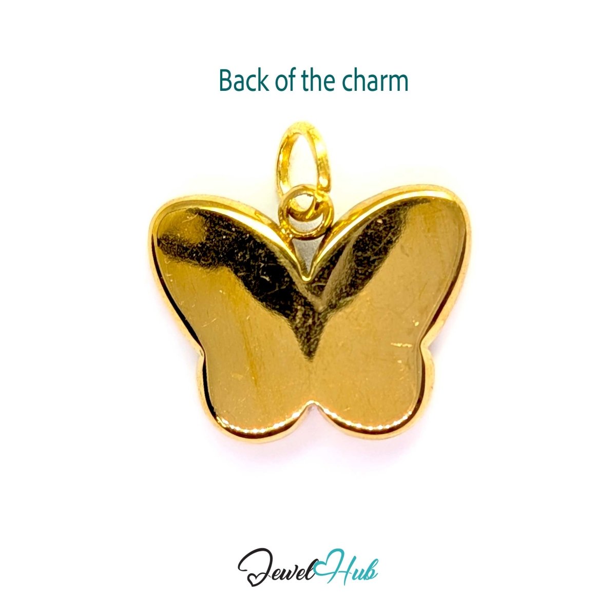 Back of the gold butterfly charm - a smooth polished steel panel, suitable for engraving - JewelHub