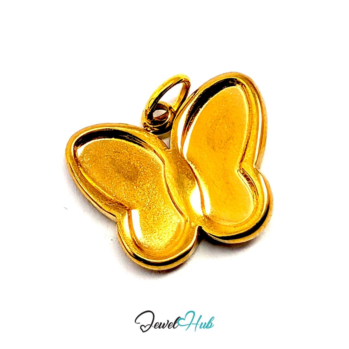 Gold butterfly charm tilted forward to show the raised outline framing the wings - JewelHub