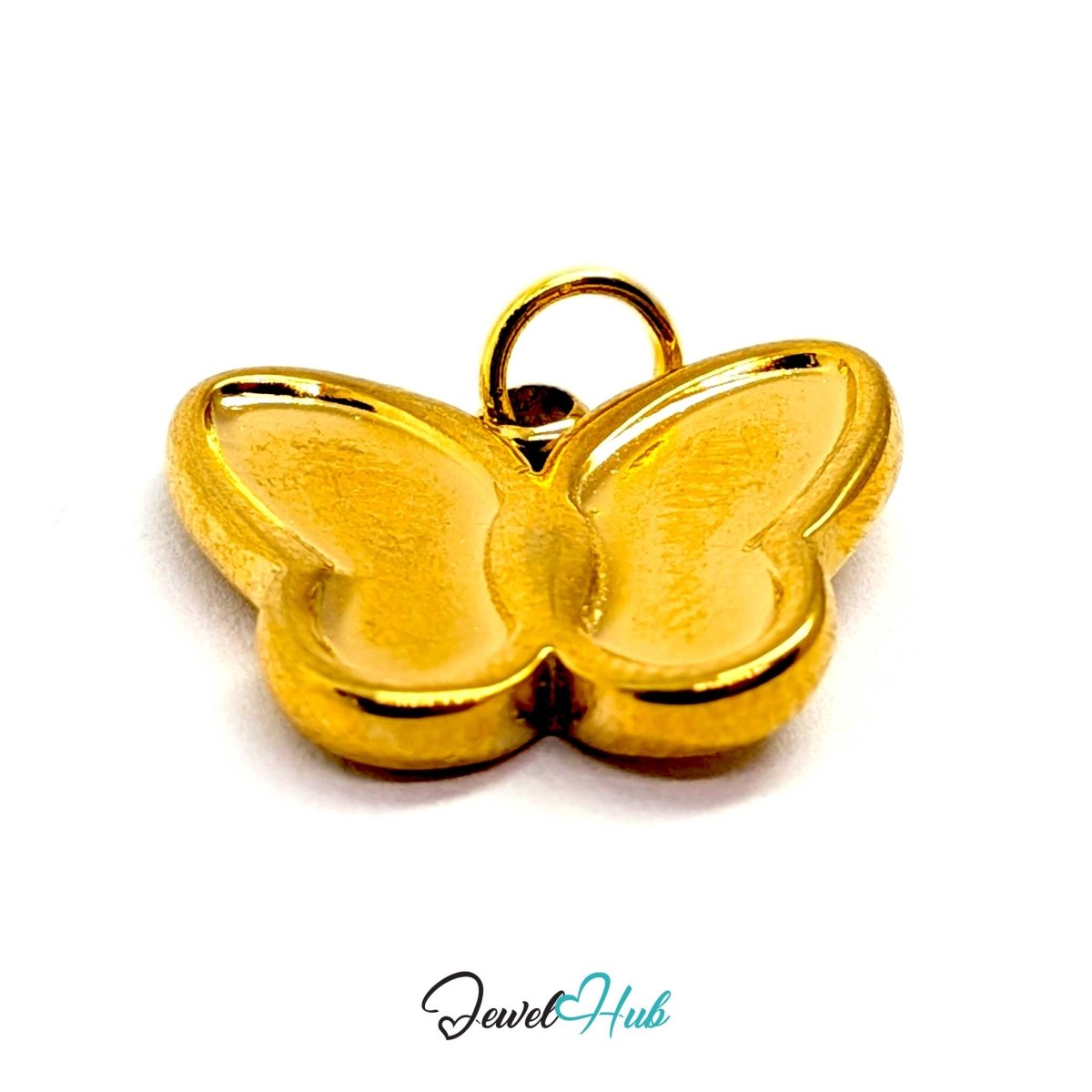 Overhead angled view of the gold butterfly charm showing the curve of each wing panel - JewelHub