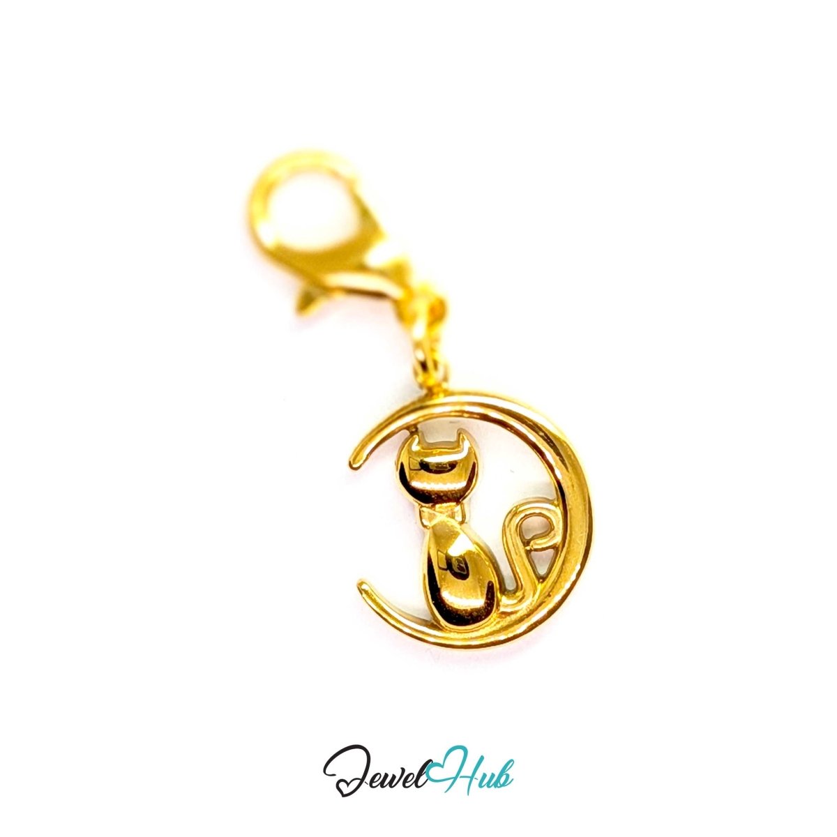 Gold Classic Cat and Moon charm fitted with a lobster clasp, ready to clip onto a bracelet, bag or keyring - JewelHub